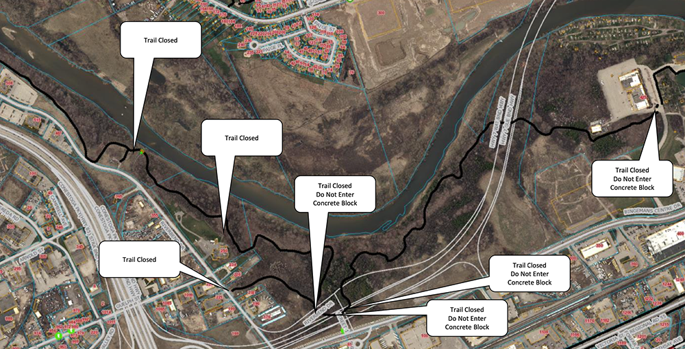Walter Bean Trail from Bingeman Centre Drive to Riverbend Drive closure Maps of trail with closures indicated